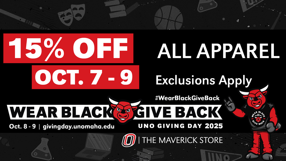 15% off sale on all apparel from Oct 7-9. Features Durango with #WearBlackGiveBack, promoting UNO Giving Day 2025 at The Maverick Store.